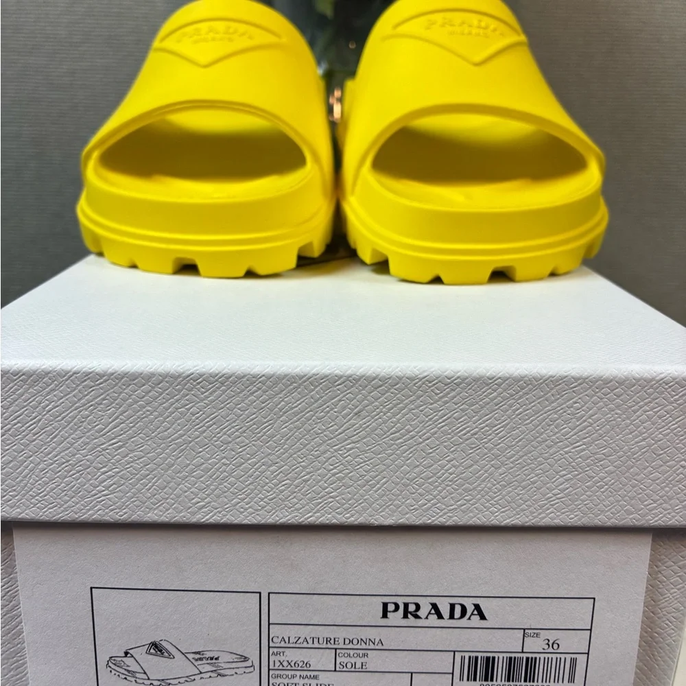 NIB Prada Sole Yellow Lightweight Rubber Triangle Slides EU 36 - US Approx 6 - Picture 7 of 8